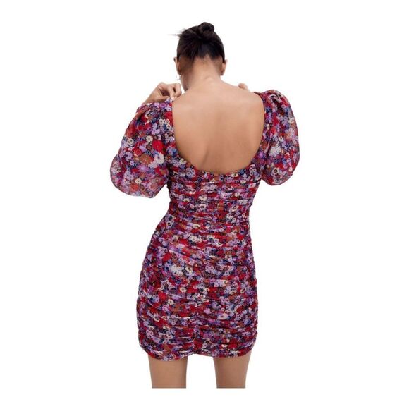 🆕 Zara Puff Sleeve Floral Ruched Mini Dress | XS - Picture 2 of 8